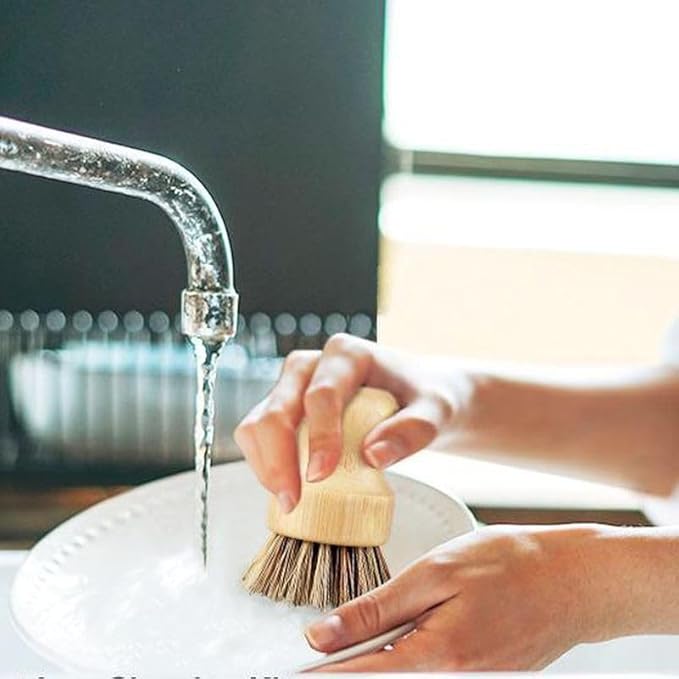 6 Packs Bamboo Dish Brush - Kitchen Scrub Brush, Natural Union Fiber and Tampico Fiber Dish Scrubber for Washing Cast Iron Pan/Pot(Hard Bristle)