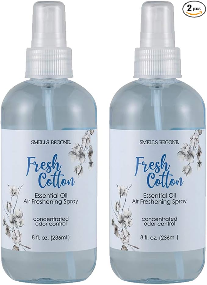 SMELLS BEGONE Essential Oil Air Freshener Spray - Odor Eliminator - 2 Pack - 8 Ounce (Fresh Cotton)