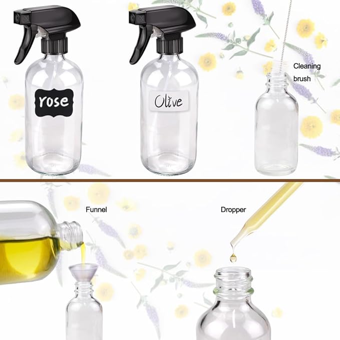 Loretoy Glass Spray Bottle Kit×10 (2×16 oz, 2×4 oz, 6×2 oz), 9×10 ml Roller Bottles, Anti UV, Multi Size and Versatile, Suitable for Aromatherapy, Facial Moisturizing, Watering, etc.(Clear)
