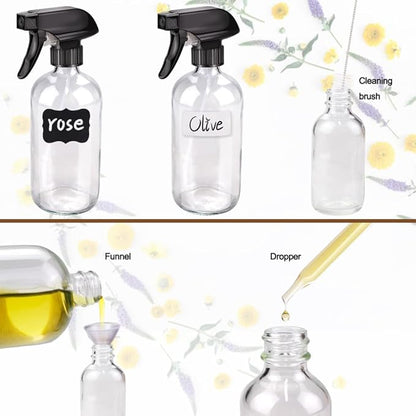 Loretoy Glass Spray Bottle Kit×10 (2×16 oz, 2×4 oz, 6×2 oz), 9×10 ml Roller Bottles, Anti UV, Multi Size and Versatile, Suitable for Aromatherapy, Facial Moisturizing, Watering, etc.(Clear)