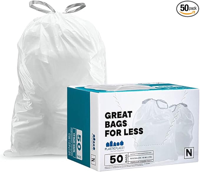Plasticplace Custom Fit Trash Bags, Compatible with simplehuman Code N (50 Count) White Drawstring Garbage Liners 12-13 Gallon / 45-50 Liters, 22.5" x 31.5"