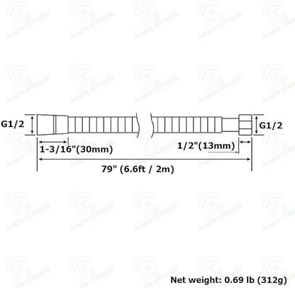 Angle Simple Replacement Shower Hose 79", Stainless Steel Flexible Handheld Shower Extension Hose 1/2" IPS, No Tangles, Chrome