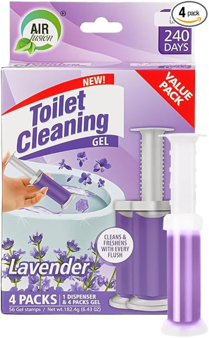 Toilet Cleaning Gel Lavender Scent. Pack of 4 (6.43oz) with 56 Gel Stamps for Continuous Toilet Cleaning, Deodorizing & Fruity Freshness.