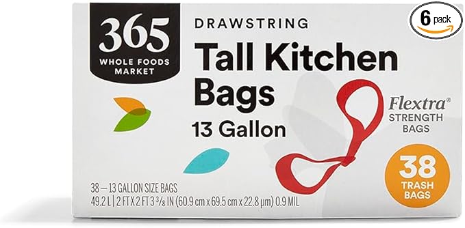365 by Whole Foods Market, Flextra Strength Drawstring Tall Kitchen Trash Bags, 13 Gallon, 38 Count (Pack of 6)