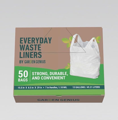 Biodegradable 13 Gallon White Kitchen Trash Bags with Ergonomic Handles (50 Pack) - Extra Strong, Leak-Proof & Thick 1.18 Mil - 15% Thicker Than Most - Fits Standard 13 Gal Cans - Eco-Friendly D2W