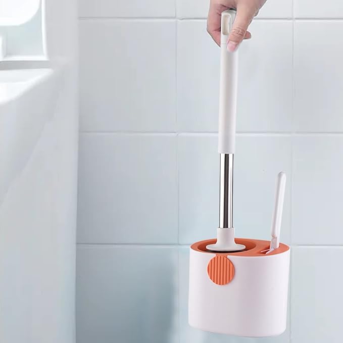 Silicone Toilet Brush and Holder Set, Deep Cleaning Floor Standing & Wall Mounted Toilet Bowl Brush for Bathroom, Toilet Brush Flexible Bristles, Compact Size for Storage and Organization (Orange)