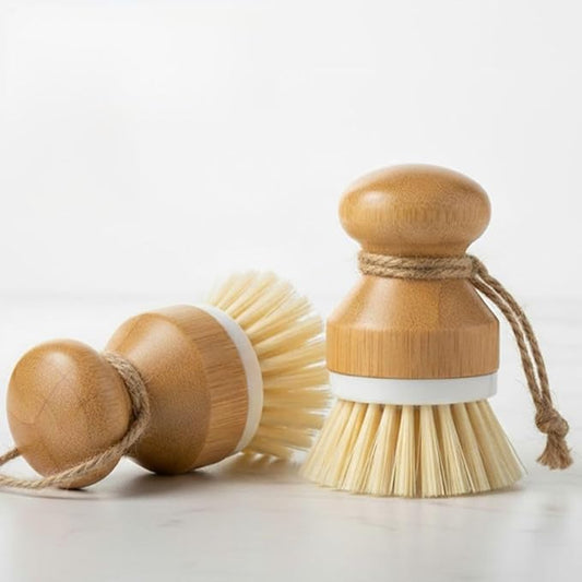 Set of 2 Eco-Friendly Non-Scratch Bamboo Kitchen Cleaning Brushes | Compact Wooden PP Dish Scrubbers with Ergonomic Handles and Hanging Ropes (3.9 x 1.3 inches, 0.21 lbs Each)