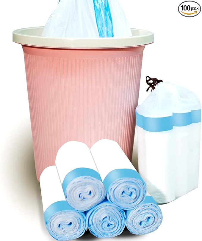 Trash Bags 3.2 Gallon, 100 Pcs Bathroom Garbage Bags, Blue Strap Kitchen Garbage Bags(White) With Drawstring Quickly Pack Garbage, Waste Basket Liners