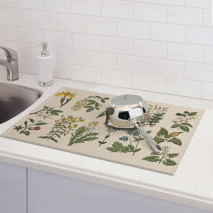 Plants Dish Drying Mat for kitchen Counter Large Microfiber Dish Drying Mat for Dishes Absorbent Reversible Kitchen Dish Drying Pad Rack Mat 18" x 24"