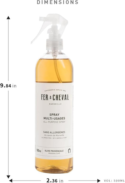 Fer à Cheval Versatile Marseille All-Purpose Spray Cleaner - Natural Provençal Olive Scent, Allergen-Free, 99% Natural Ingredients, 500ml/16.9 fl oz (Single)