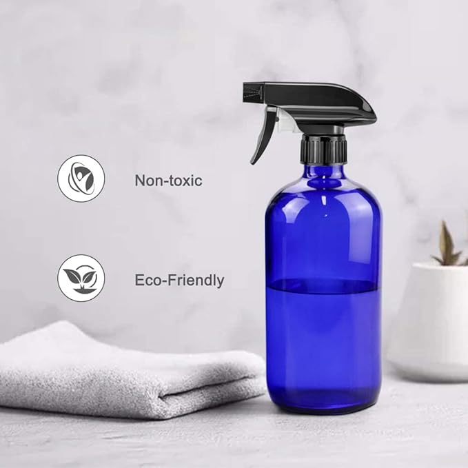 Worldgsb Glass Spray Bottles, 16oz Blue Glass Spray Bottles with Labels & Adjustable Nozzle, Reusable Containers for Cleaning, BBQ, Food, Plants, Alcohol, Essential Oils(1 Pack)