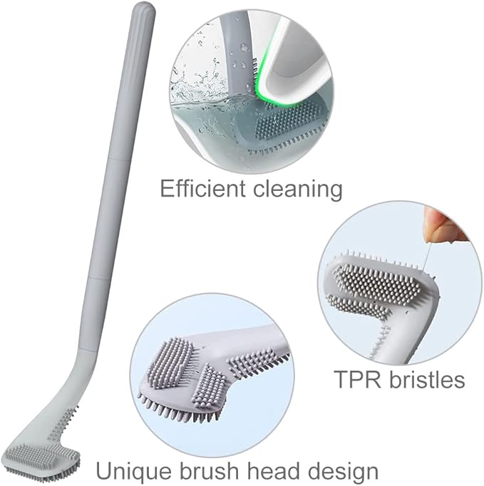 Toilet Brush, Long Handle Golf Toilet Brush with Holder 360° Deep Cleaning Flexible Silicone Toilet Cleaner Brush Wall Mounted for Bathroom (Grey)