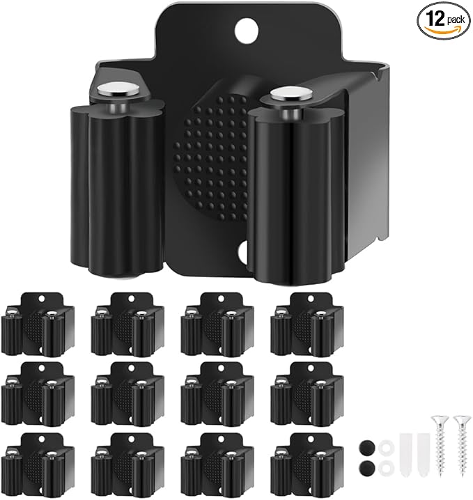Broom Holder Wall Mount, 12PCS Broom Hanger Wall Mount, Stainless Steel Heavy Duty Mop Holder Broom Mop Hanger Wall with Screws, Garden Outdoor Tool Organizer Rack Broom Hanger (Black)