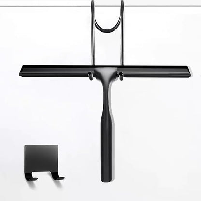 10" Stainless Steel Shower Squeegee for Shower Glass with Adhesive Hook for Cleaning Bathroom Glass Doors Car Window Mirrors and Tile Wall (Matte Black + Hook)