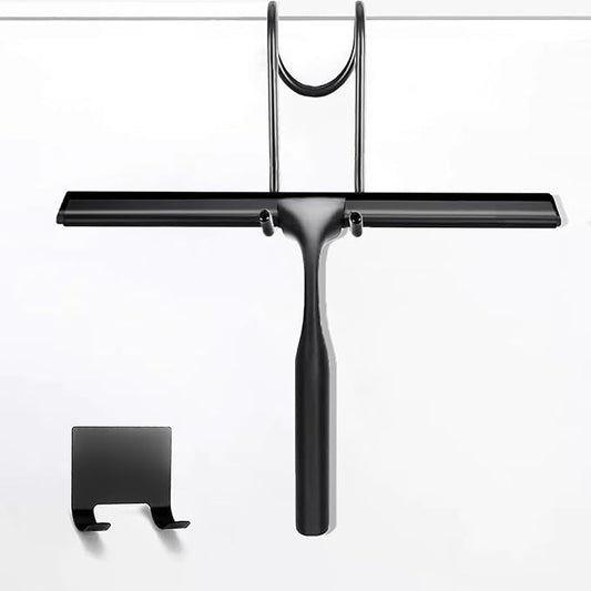 10" Stainless Steel Shower Squeegee for Shower Glass with Adhesive Hook for Cleaning Bathroom Glass Doors Car Window Mirrors and Tile Wall (Matte Black + Hook)