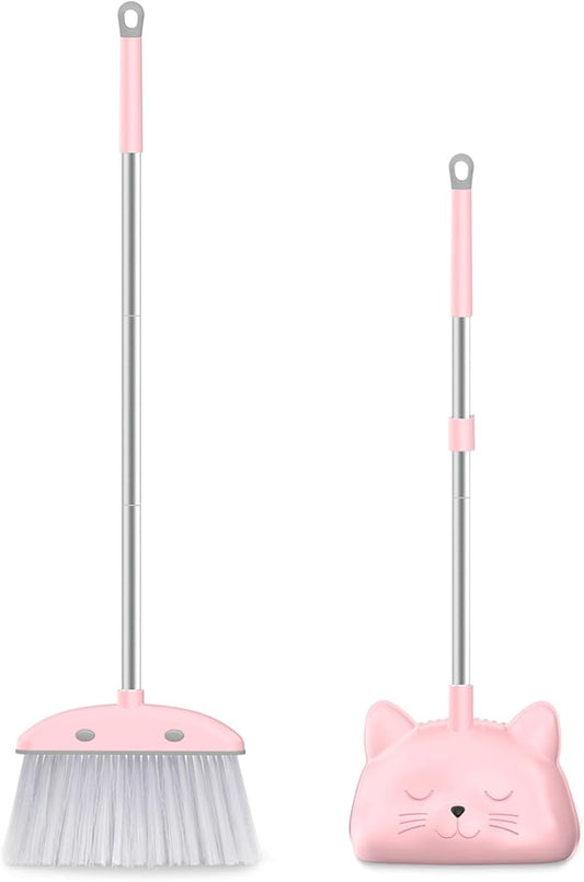 Mini Broom with Dustpan for Kids, 28-in Handle Kids Broom and Dustpan Set for Toddlers Cat-Shaped Children Broom and Cleaning Set Boys Girls Small Housekeeping Helper Set, Pink