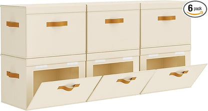 Large Storage Bins with Lids - Front Opening Fabric Storage Bins, Flap Closet Organizer with Handles, Collapsible Boxes with Lid, Decorative Basket for Home, Dorm, 6 Pack, Beige