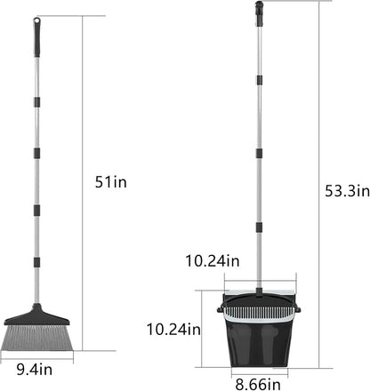 Broom with Dustpan Combo Set 54” Long Handle Household Dust Pan for Home Office Kitchen Cleaning （Black & Grey）
