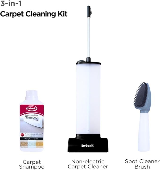 Carpet Cleaning Kit - Compact Upright Shampooer, Stain Remover Brush, and Liquid Cleaning Solution, For Rugs, Carpets, Car Interior, Mats, and Upholstery