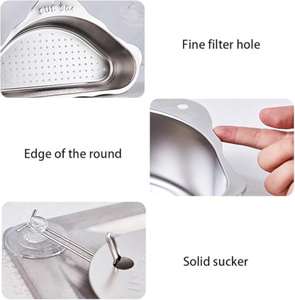 Triangle Sink Drainer Basket, Stainless Steel Triangular Sink Drain Shelf, Suction Cup Triangular Filter Drain Basket Kitchen Sinks Corner for Filter Food Waste and Washing Fruit(COLOR:silver)