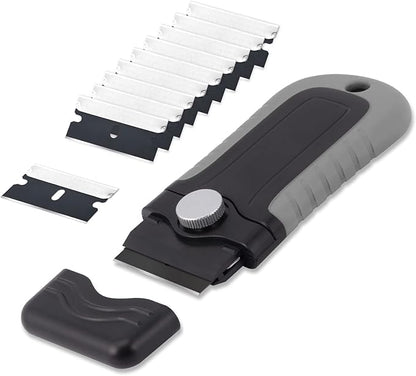 Gomake Locking Razor Blade Scraper with Safety Cap, Glass Cooktop Scraper with 10PCS Black Carbon Steel Blades for Glass Clean, Paint and Old Label,Decal Sticker Remover, Stove Top Scraper Tool