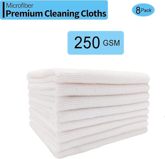 Microfiber Cleaning Cloth-8PK High Absorbent Lint-Free Scratch-Free Multi-Purpose Double-Sided Fiber Cleaning Supplies Polishing Drying Towels for House Kitchen Car 12"x12" (White)