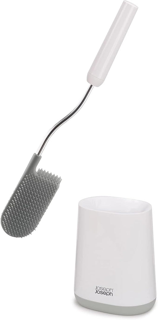 Joseph Joseph Flex Lite Silicone Toilet Brush with Slimline Holder Set, Flexible Head, drip, Anti-Clog deep Clean - Gray/White