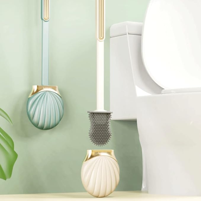 Soft Seashell Shape Toilet Brush with Silicone Bristles Toilet Brush and Holder Creative Toilet Bowl Brush Luxury Bathroom Set Reusable, Green