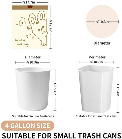 4 Gallon Trash Bags with Cute Rabbit Printed & Drawstring, Tear-Resistant Small Bathroom Garbage Bags, Heavy-Duty Trash Can Liners for Home/Office, 180 Counts