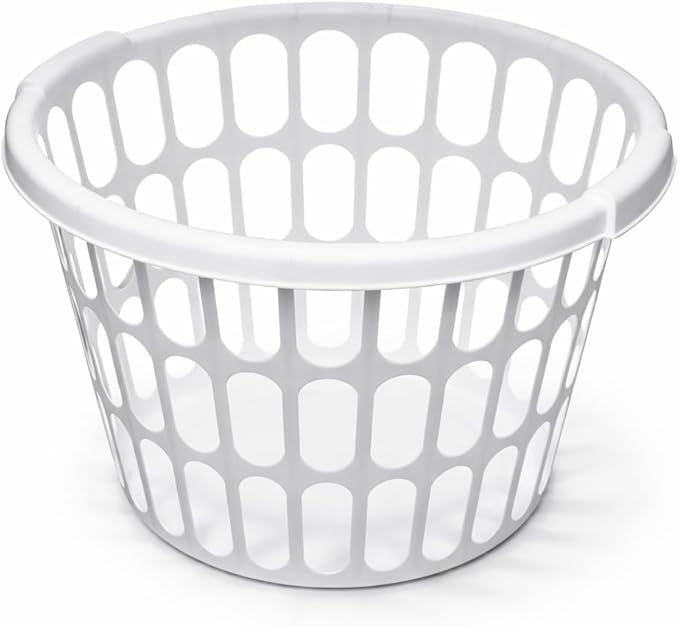 2 Pack 1 Bushel Round Laundry Baskets, White Plastic Clothes Hamper with Ventilated Design and Built-In Handles, Lightweight Household Organizer