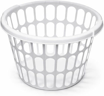 2 Pack 1 Bushel Round Laundry Baskets, White Plastic Clothes Hamper with Ventilated Design and Built-In Handles, Lightweight Household Organizer