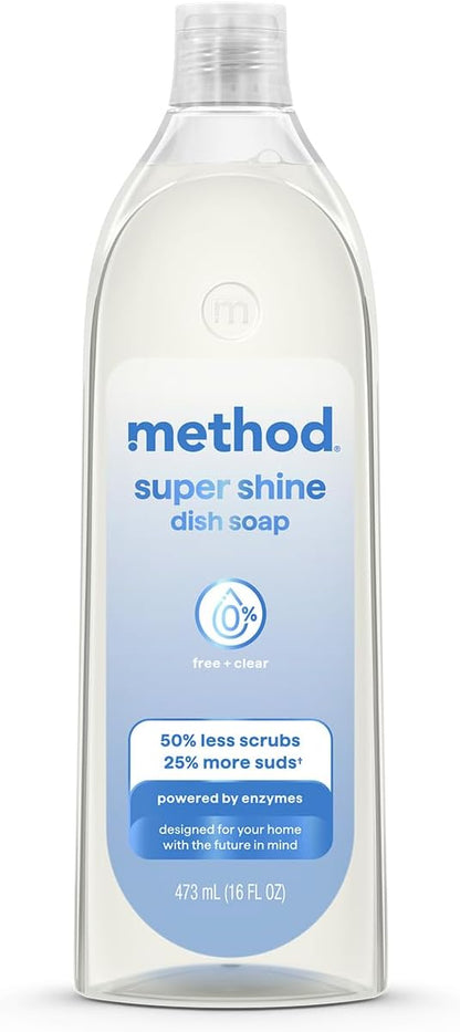 Method Super Shine Liquid Dish Soap, Powered by Enzymes, Free + Clear, Unscented, 16 fl oz
