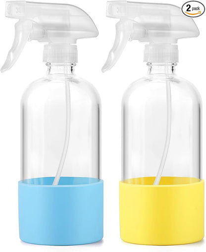 Glass Spray Bottles (2-Pack) with Silicone Sleeve - 16oz Empty Refillable Bottles - Adjustable Nozzle for Hair, Plants, Cleaning & DIY Solutions - Blue & Grey (yellow + turquoise)