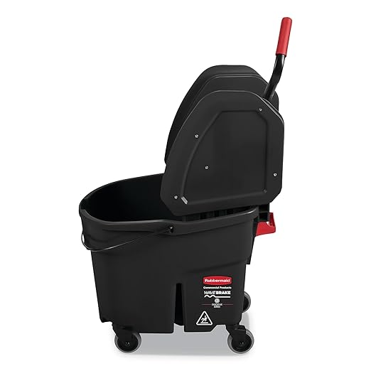 Rubbermaid Commercial Products WaveBrake 35 QT Down-Press Mop Bucket and Wringer Combo on Wheels with Dirty Water Bucket Black for Heavy-Duty Floor Cleaning
