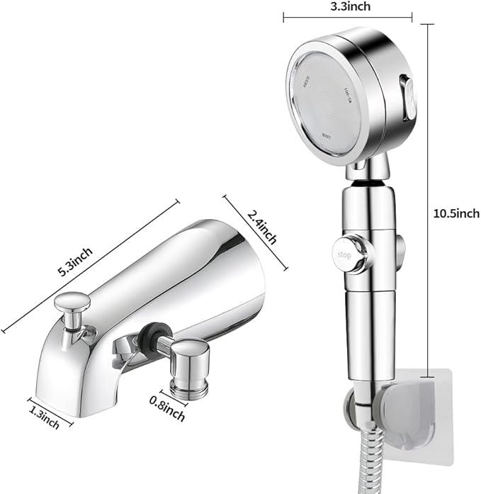 Chrome Tub Spout with Diverter slip fit 1/2 inch Copper Tube, High Pressure filtered Handheld Shower with 3 Spray Modes On/Off Switch, 59 inch hose, Bracket, No Drill Required Install