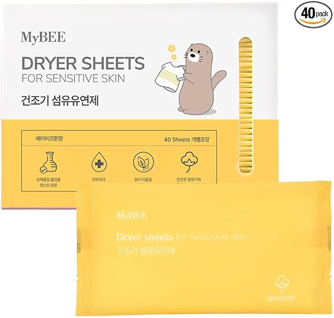 Mybee Dryer Sheets Laundry Fabric Softener, Baby Cotton Scent, 40 Count