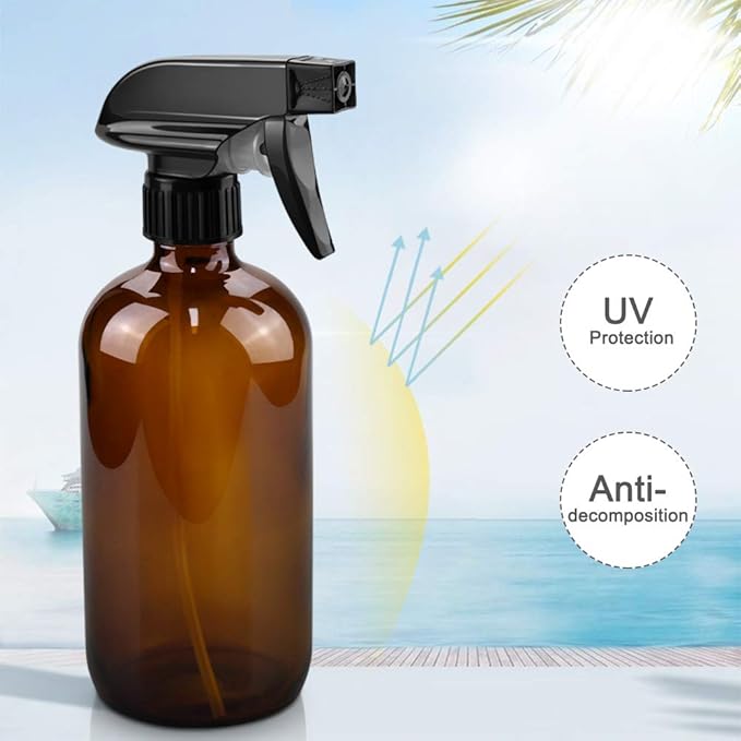 Worldgsb Glass Spray Bottles, 16oz Amber Glass Spray Bottles with Labels & Adjustable Nozzle, Reusable Containers for Cleaning, BBQ, Food, Plants, Alcohol, Essential Oils(1 Pack)