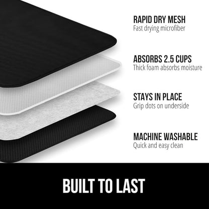 GORILLA GRIP Ultra Water Absorbent Microfiber Dish Drying Mat 2 Pack, Quick Dry Thick Mesh, Slip Resistant Pad for Sink Dishes or Under Rack, Kitchen Counter Accessories, Machine Wash, 18x16, Black