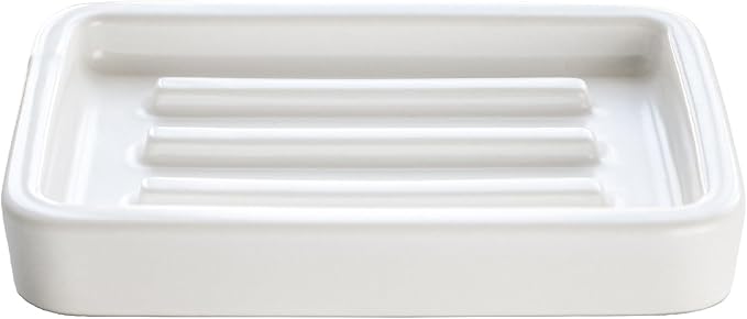 Matte Ceramic Soap Dish with Raised Ridges, Rectangle Bar Soap Holder for Bathroom Counter, Shower and Kitchen Sink, White