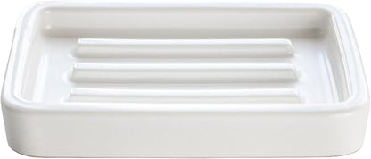Matte Ceramic Soap Dish with Raised Ridges, Rectangle Bar Soap Holder for Bathroom Counter, Shower and Kitchen Sink, White