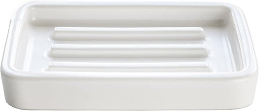 Matte Ceramic Soap Dish with Raised Ridges, Rectangle Bar Soap Holder for Bathroom Counter, Shower and Kitchen Sink, White