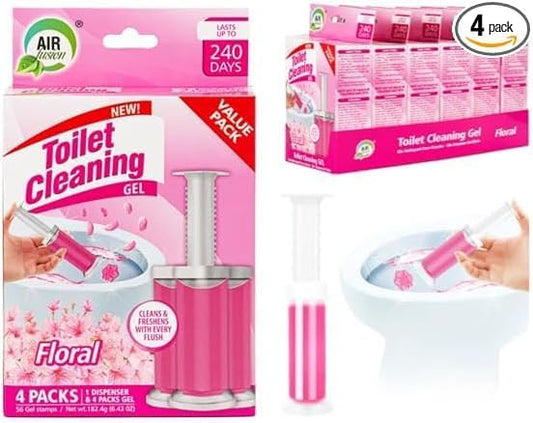 Toilet Cleaning Gel Floral Scent. Pack of 4 (6.43oz) with 56 Gel Stamps for Continuous Toilet Cleaning, Deodorizing & Fruity Freshness