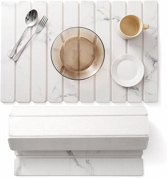 Dish Drying Mats, Large 24x16 Inch Diatomaceous Earth Drying Mat / Fast-Absorbing,Non-Slip Stone Drying Mat For Kitchen Counter / Eco-Friendly for Dishes (White Marble)