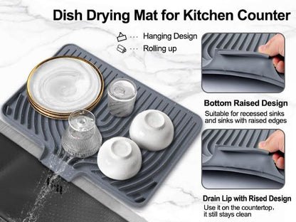 Dish Drying Mat for Kitchen Counter, with Built-in Drain Lip, Food-Grade Silicone, Easy Clean Pad for Countertop Protection, Multi-Functional Use (18 x12 Raised Sink, Grey)