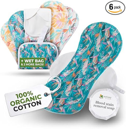 Organic Cotton, High Absorbency Reusable Period Pads for Heavy Flow (6 Pack L+XL) - Leak Proof & Odor Free Cloth Pads for Women - High-Temp Washable, Breathable & Skin-Safe for Menstrual Comfort