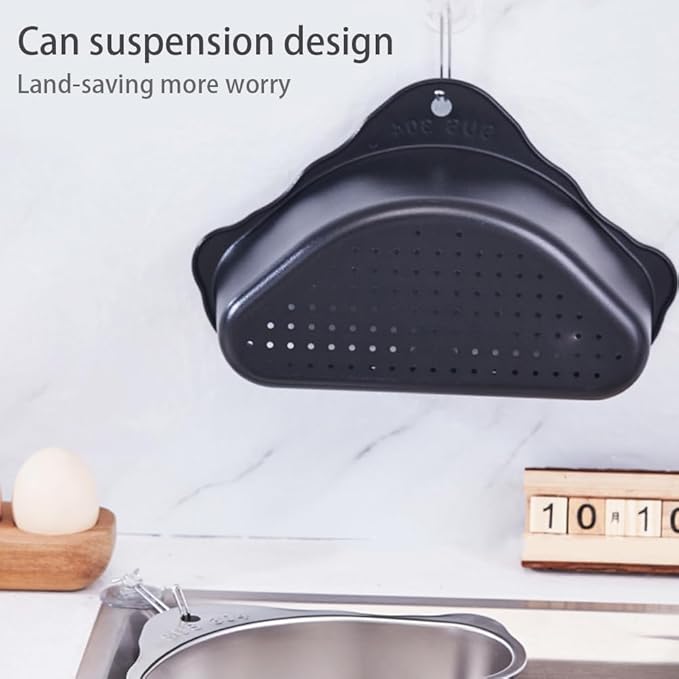 Triangle Sink Drainer Basket, Stainless Steel Triangular Sink Drain Shelf, Suction Cup Triangular Filter Drain Basket Kitchen Sinks Corner for Filter Food Waste and Washing Fruit(Color:Black)