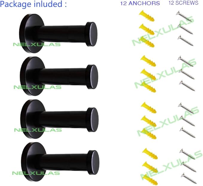 Classic Black Stainless Steel Heavy Duty Wall Mount Hooks, Bath Towel Hooks, Coat Hanger, Handbag Hooks, 4 in Pack (2-4/5")