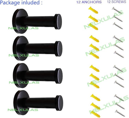 Classic Black Stainless Steel Heavy Duty Wall Mount Hooks, Bath Towel Hooks, Coat Hanger, Handbag Hooks, 4 in Pack (2-4/5")