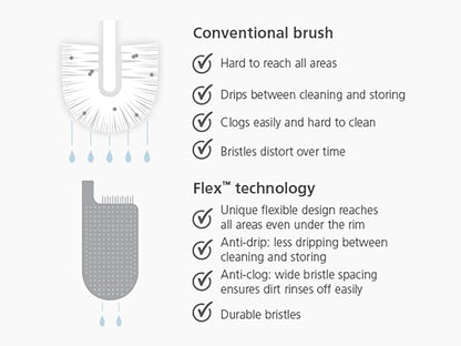 Joseph Joseph Flex Hygienic Silicone Toilet Brush with Slim Holder Set, Flexible Anti-drip, Anti-Clog Deep Clean Head - Stainless Steel