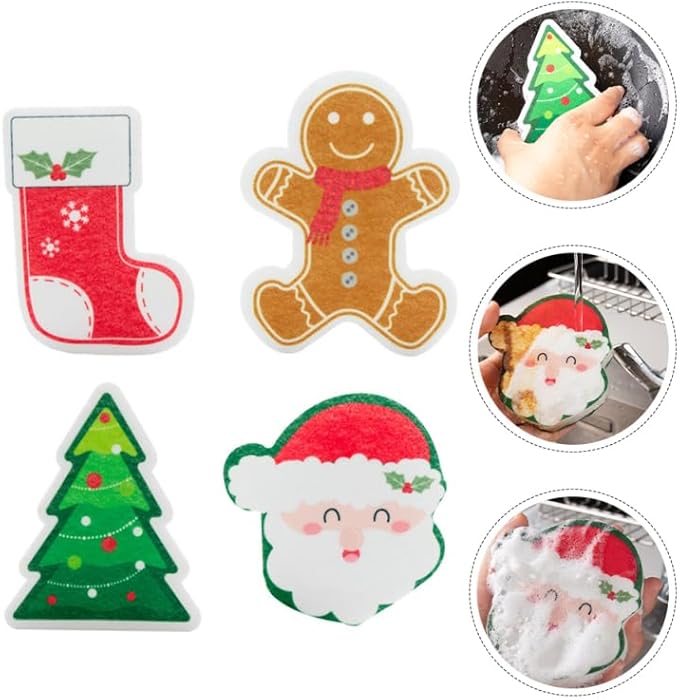 4pcs Cute Christmas Dishwashing Sponges Reusable Kitchen Scrubbers for Cleaning Thickened Design for Sturdy Use Kitchen and Bathroom Cleaning